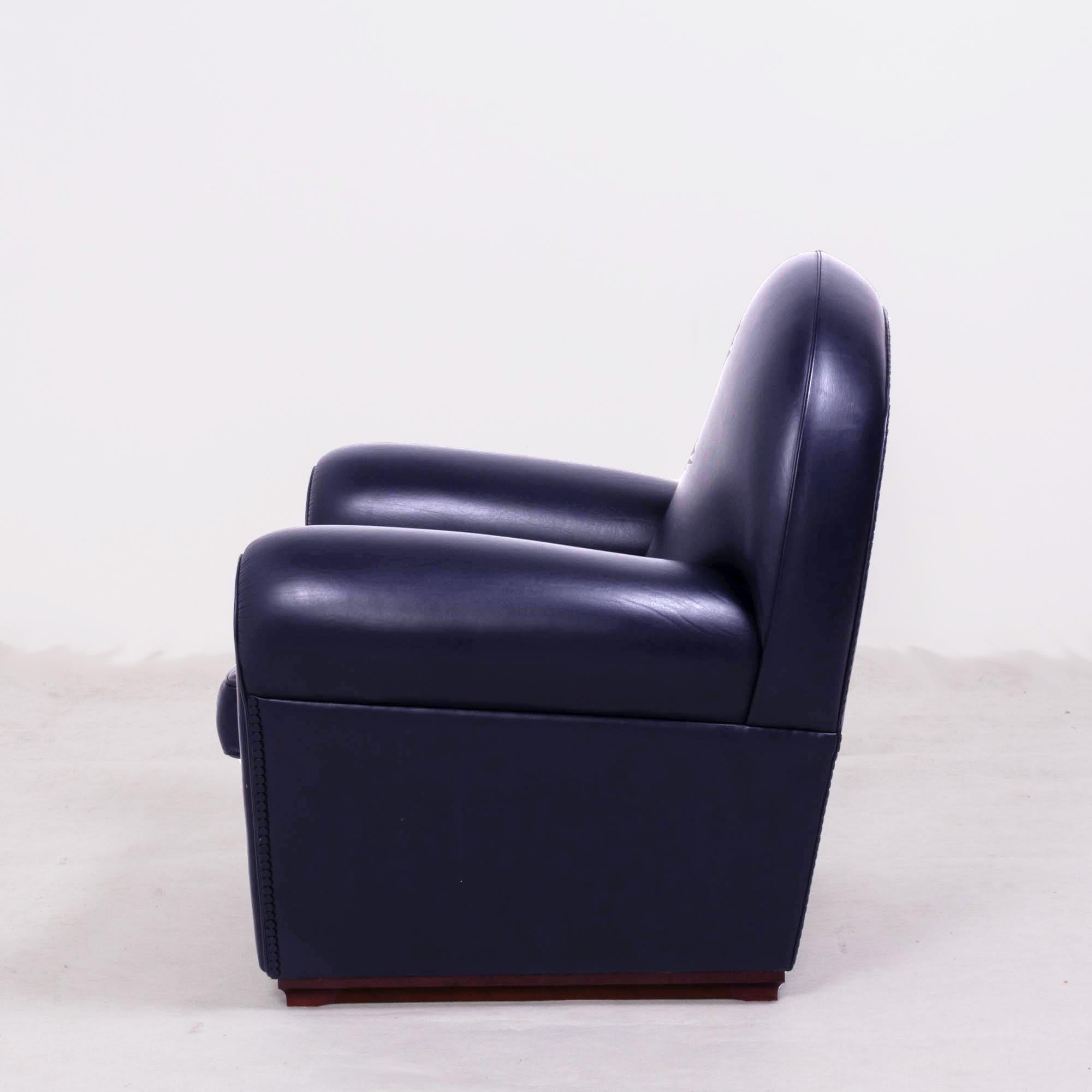 Poltrona Frau, Art Deco Style Dark Blue Leather Sofa and 2 Armchairs Set 3