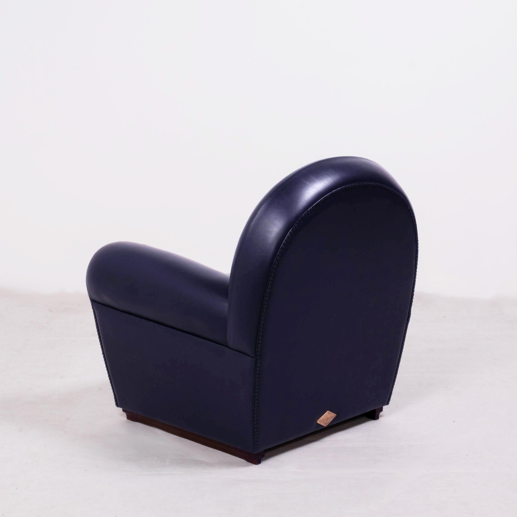 Poltrona Frau, Art Deco Style Dark Blue Leather Sofa and 2 Armchairs Set 4