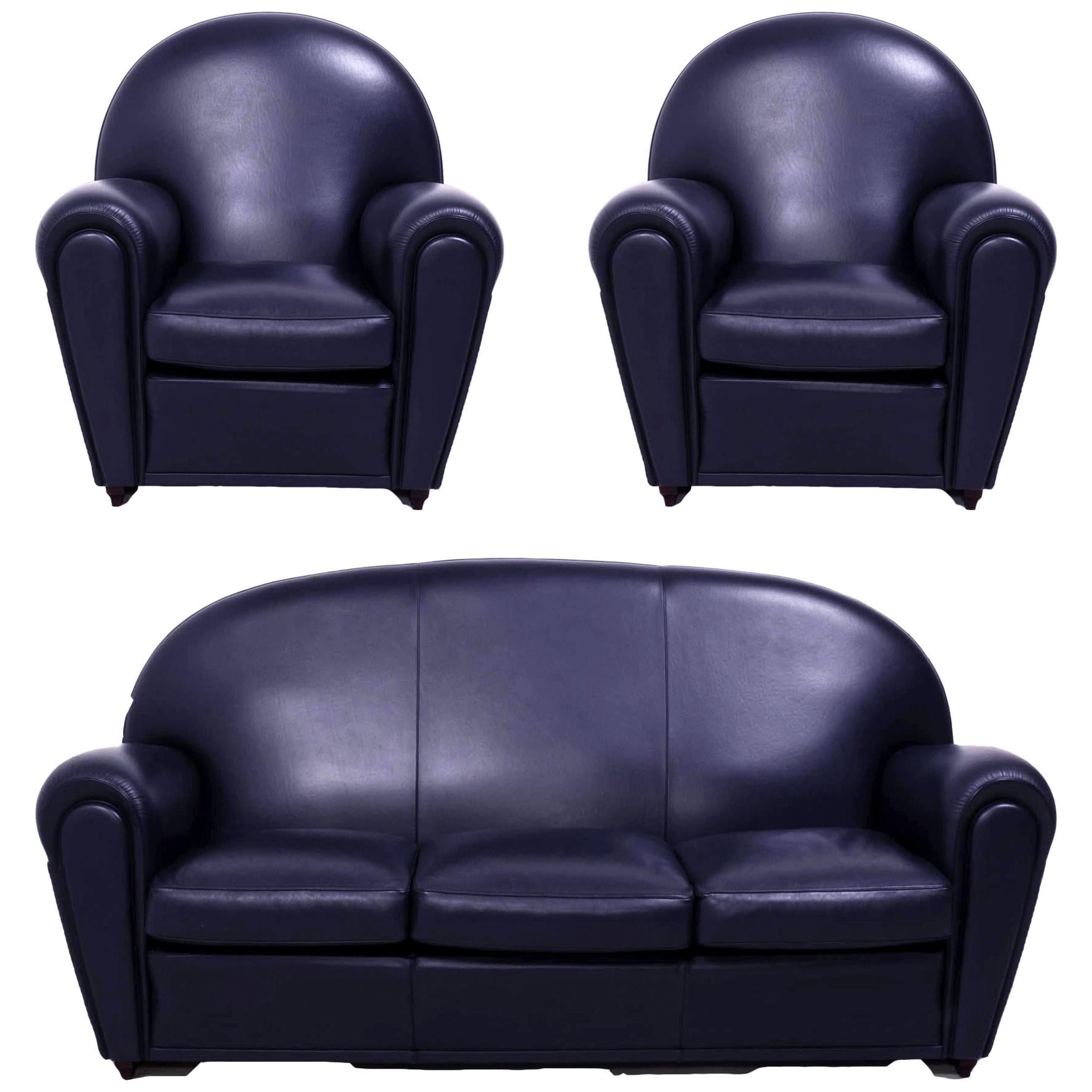 Poltrona Frau, Art Deco Style Dark Blue Leather Sofa and 2 Armchairs Set