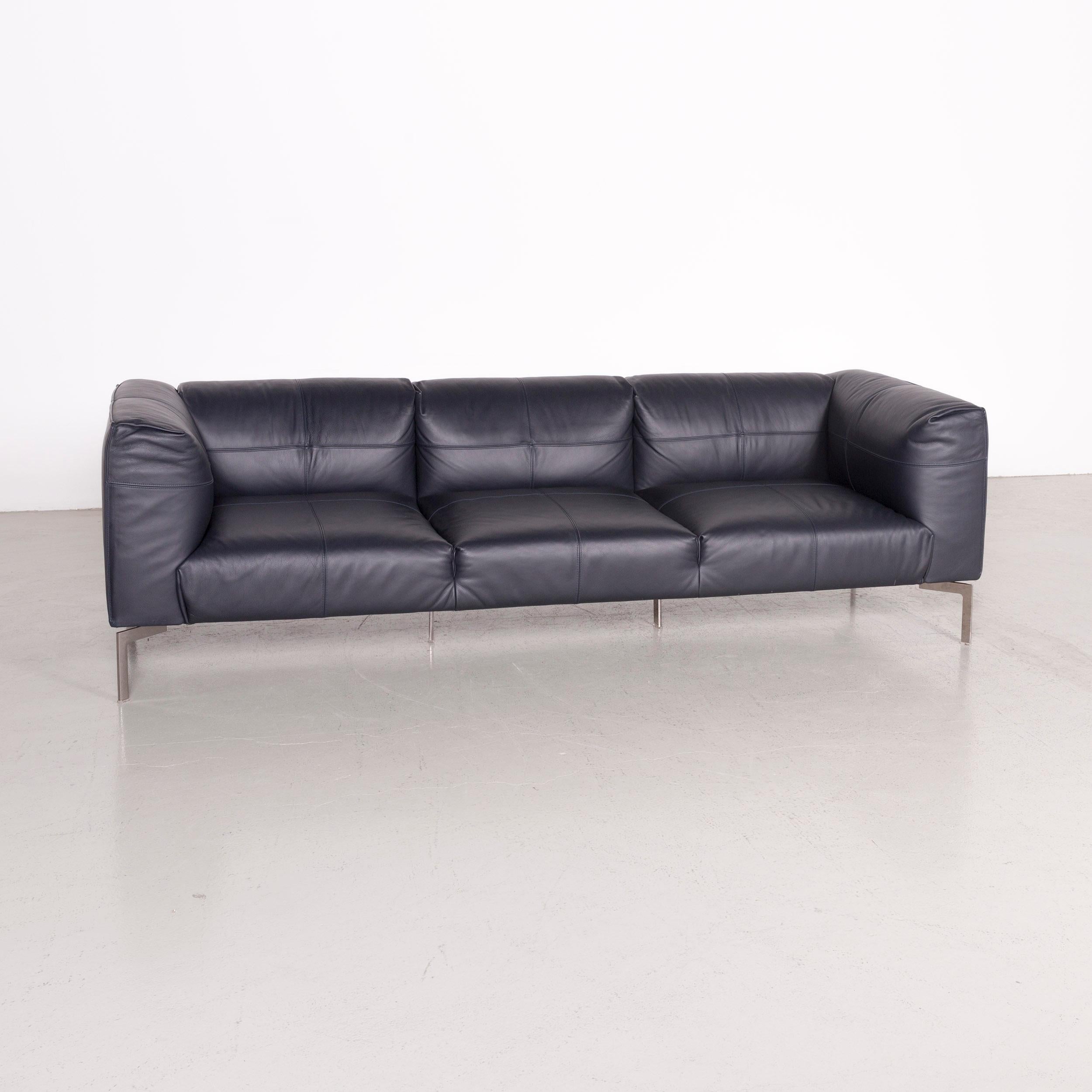 Poltrona Frau Bosforo designer leather couch blue three-seat sofa.
