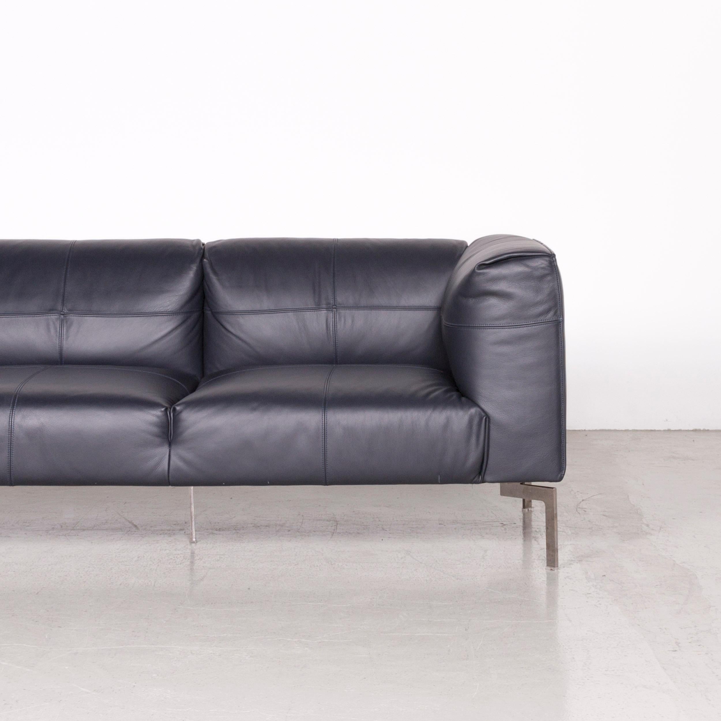 Contemporary Poltrona Frau Bosforo Designer Leather Couch Blue Three-Seat Sofa For Sale