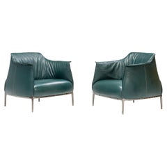  Fauteuils Archibald en cuir vert foncé Poltrona Frau de Jean-Marie Massaud