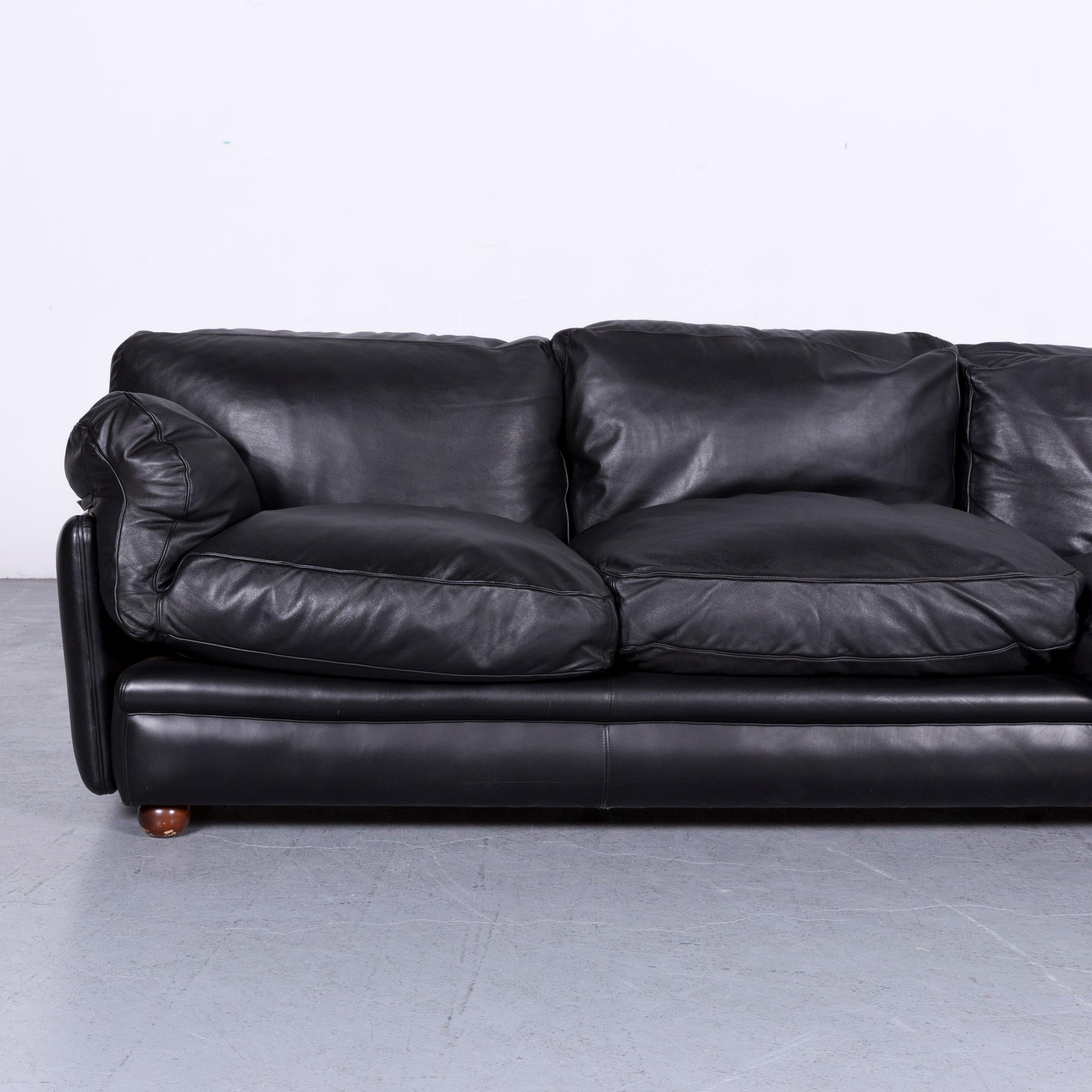 Italian Poltrona Frau Designer Leather Sofa in Black Three-Seat Couch For Sale