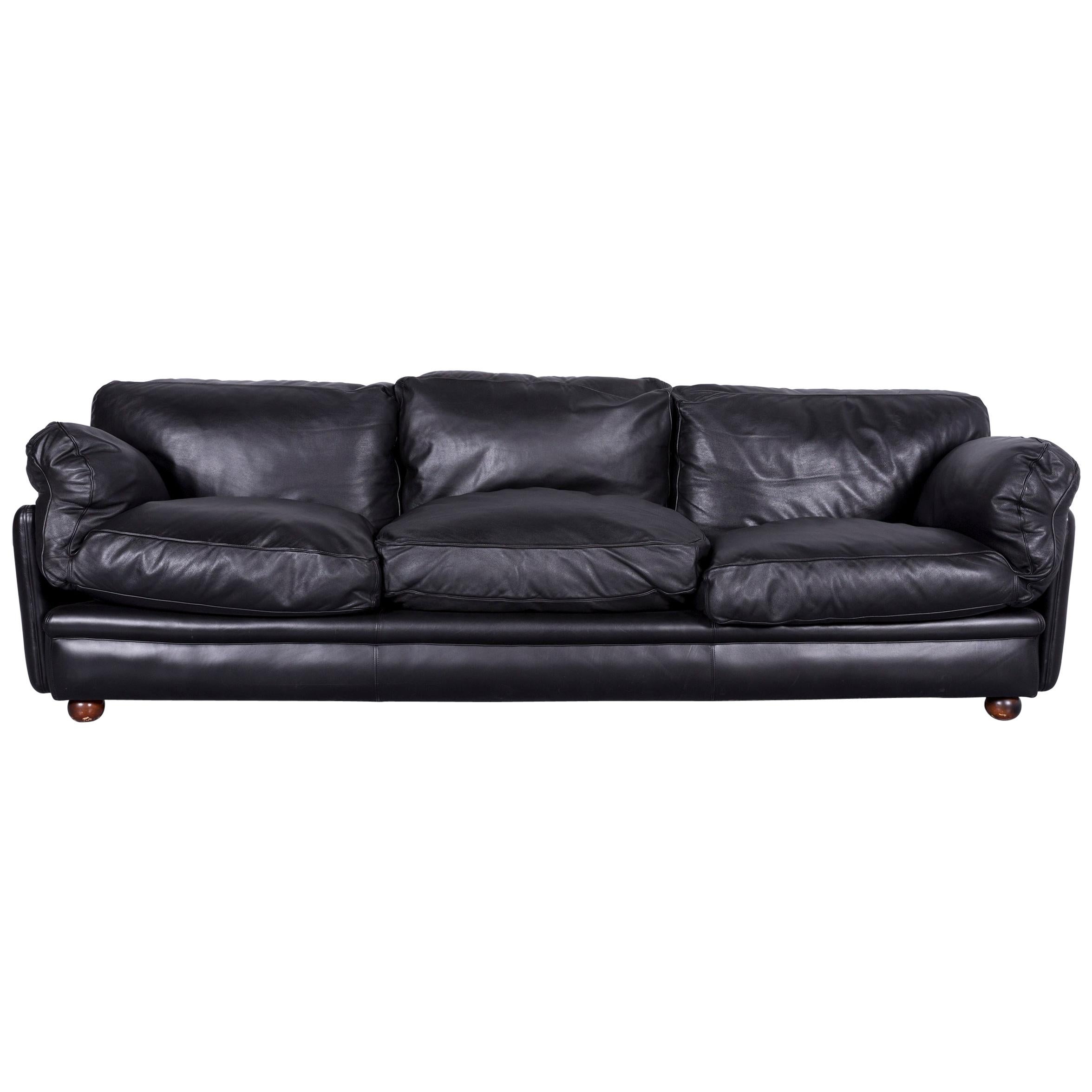 Poltrona Frau Designer Leather Sofa in Black Three-Seat Couch For Sale