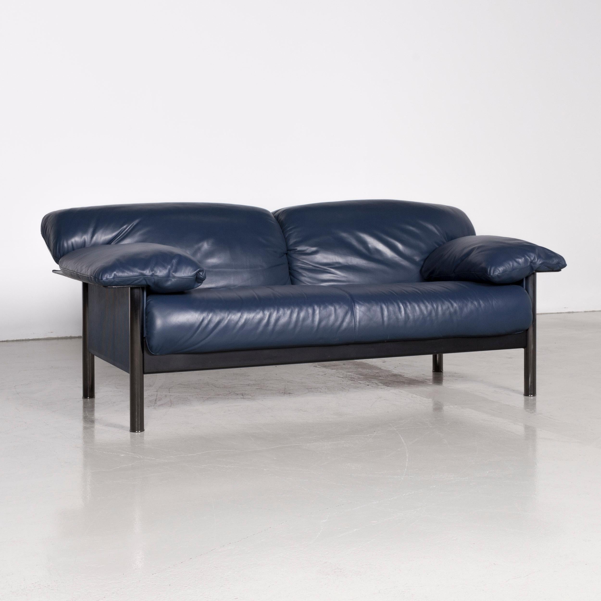 Italian Poltrona Frau Designer Leather Two-Seat Couch Blue For Sale
