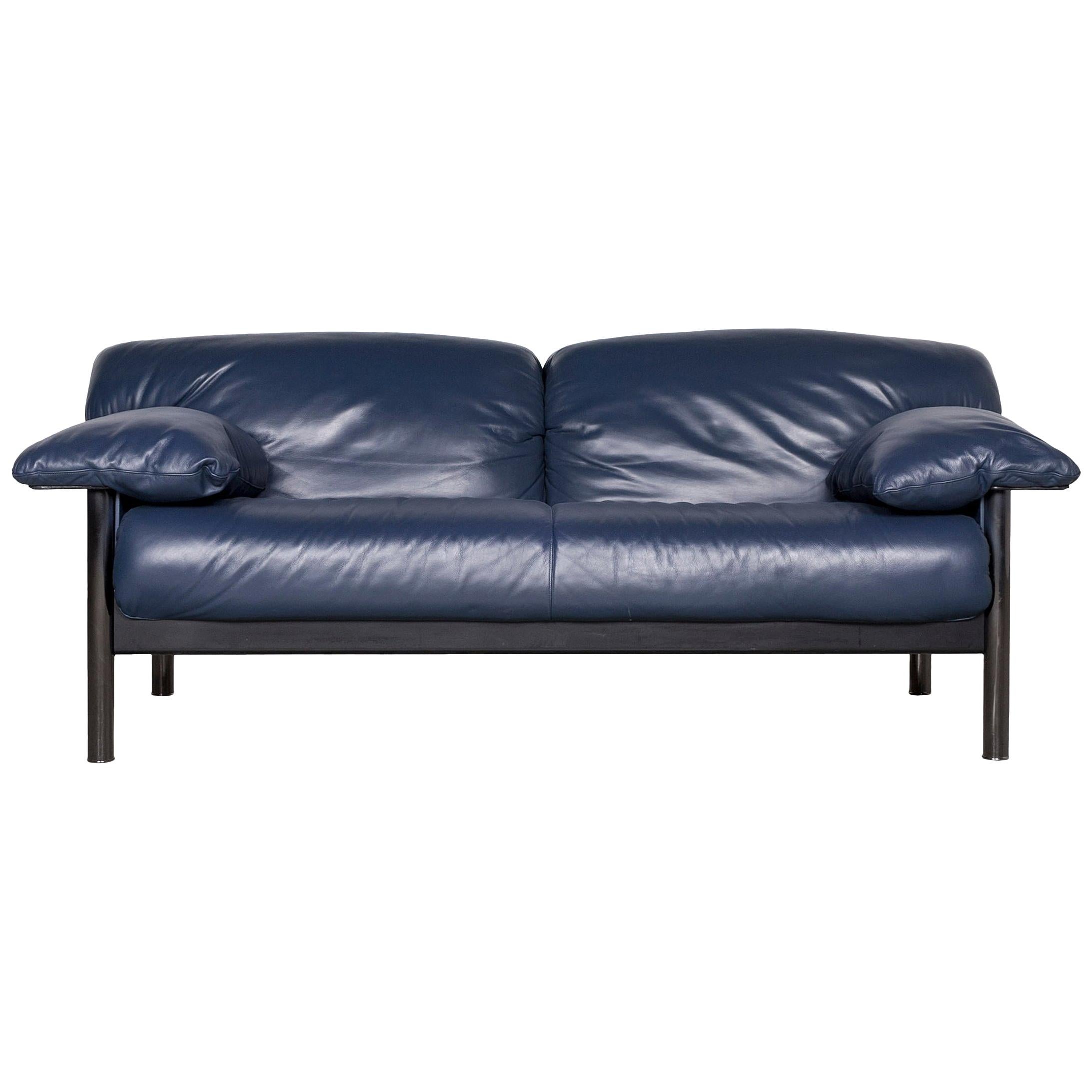 Poltrona Frau Designer Leather Two-Seat Couch Blue For Sale