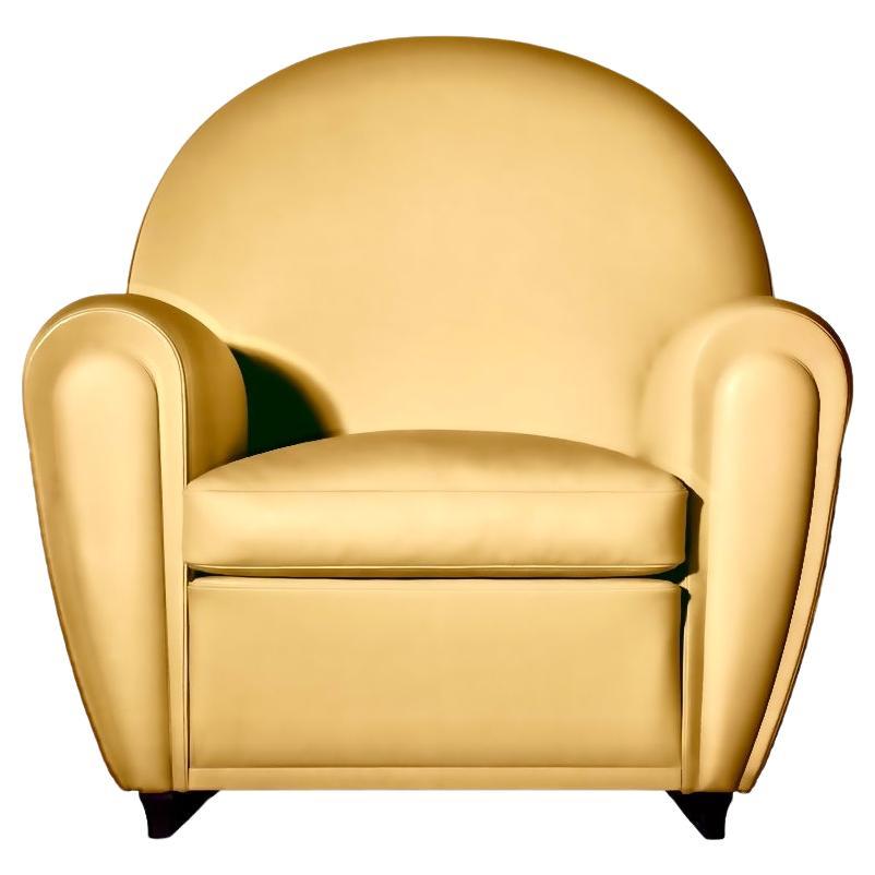 Poltrona Frau Iconic Vanity Fair Armchair, Gingerbread Yellow Pelle Leather. 2000s. Labelled.  Burberry pillow in first image is for display purposes only and NOT included with chair.
The company’s most iconic product, the Vanity Fair armchair