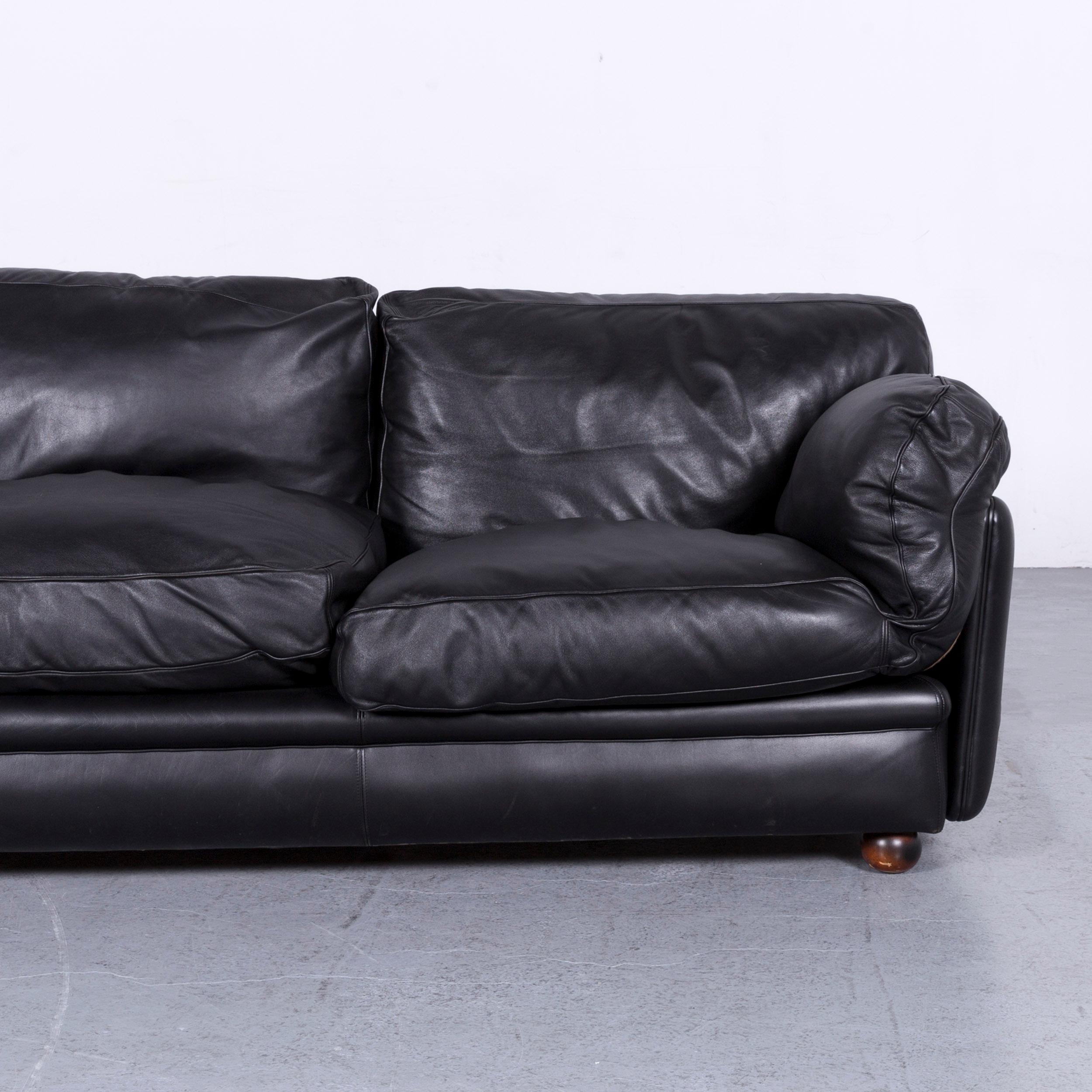 Italian Poltrona Frau Leather Sofa Black Genuine Leather Three-Seat Couch For Sale