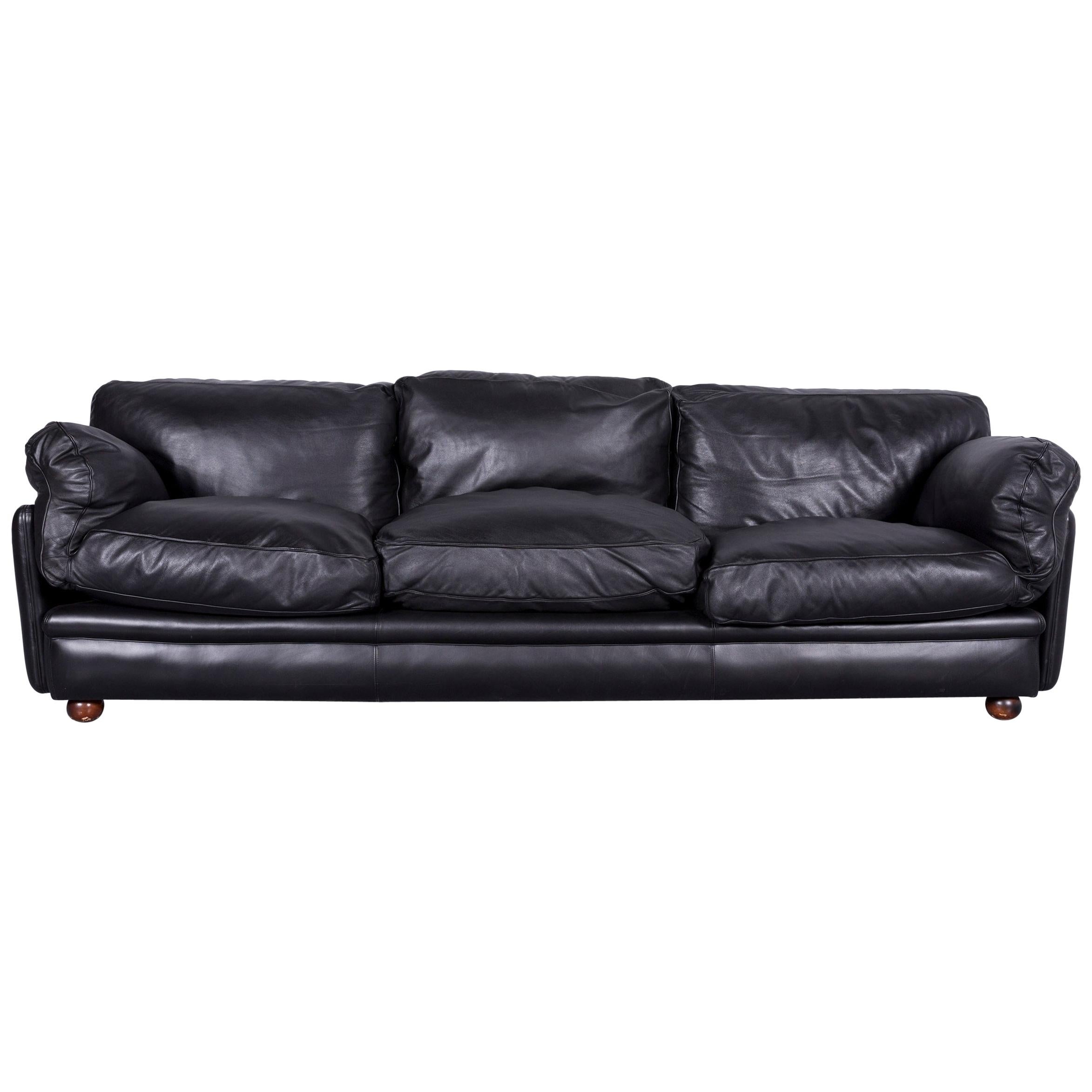 Poltrona Frau Leather Sofa Black Genuine Leather Three-Seat Couch For Sale