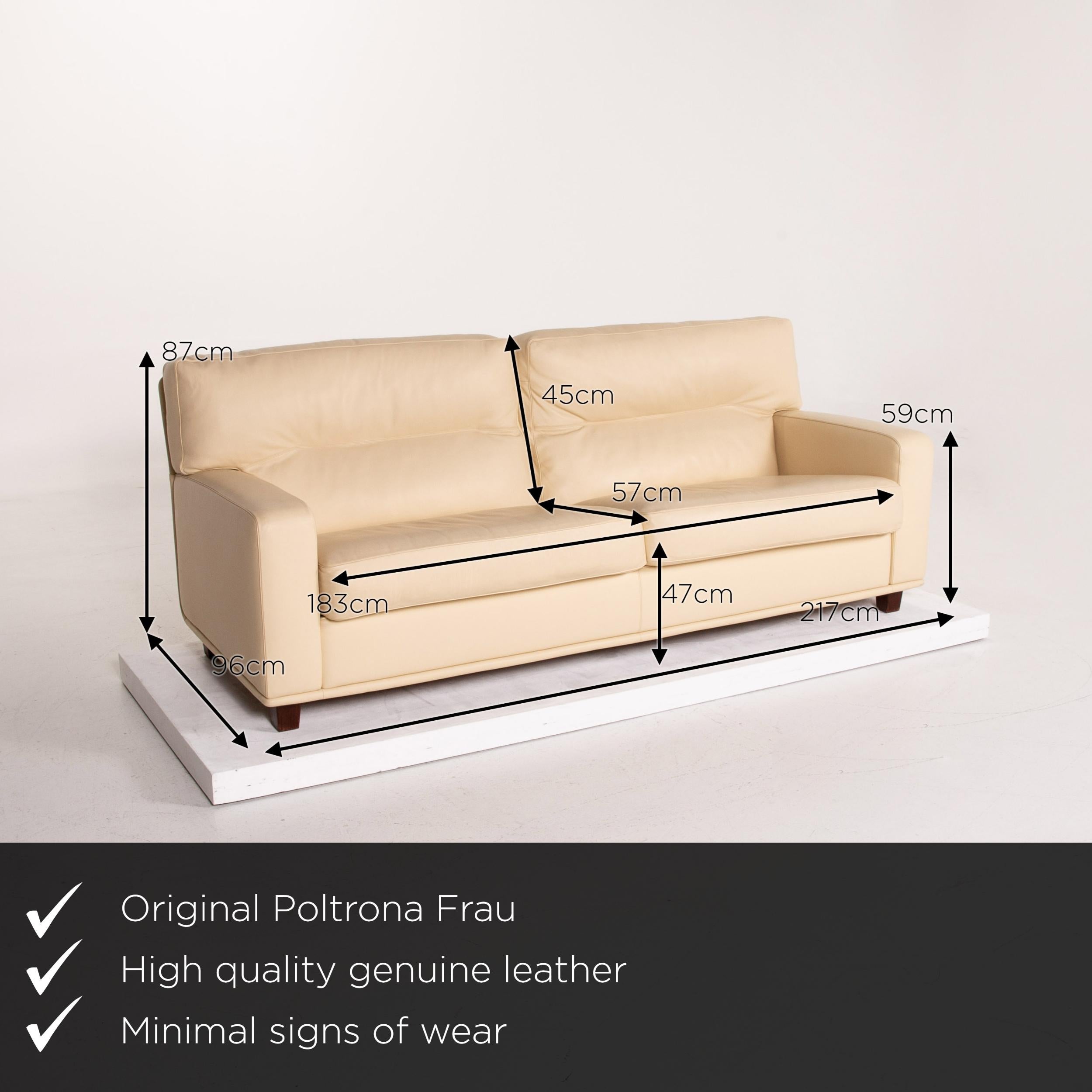 We present to you a Poltrona Frau leather sofa cream two-seat couch.

 

 Product measurements in centimeters:
 

Depth 96
Width 217
Height 87
Seat height 47
Rest height 59
Seat depth 57
Seat width 183
Back height 45.