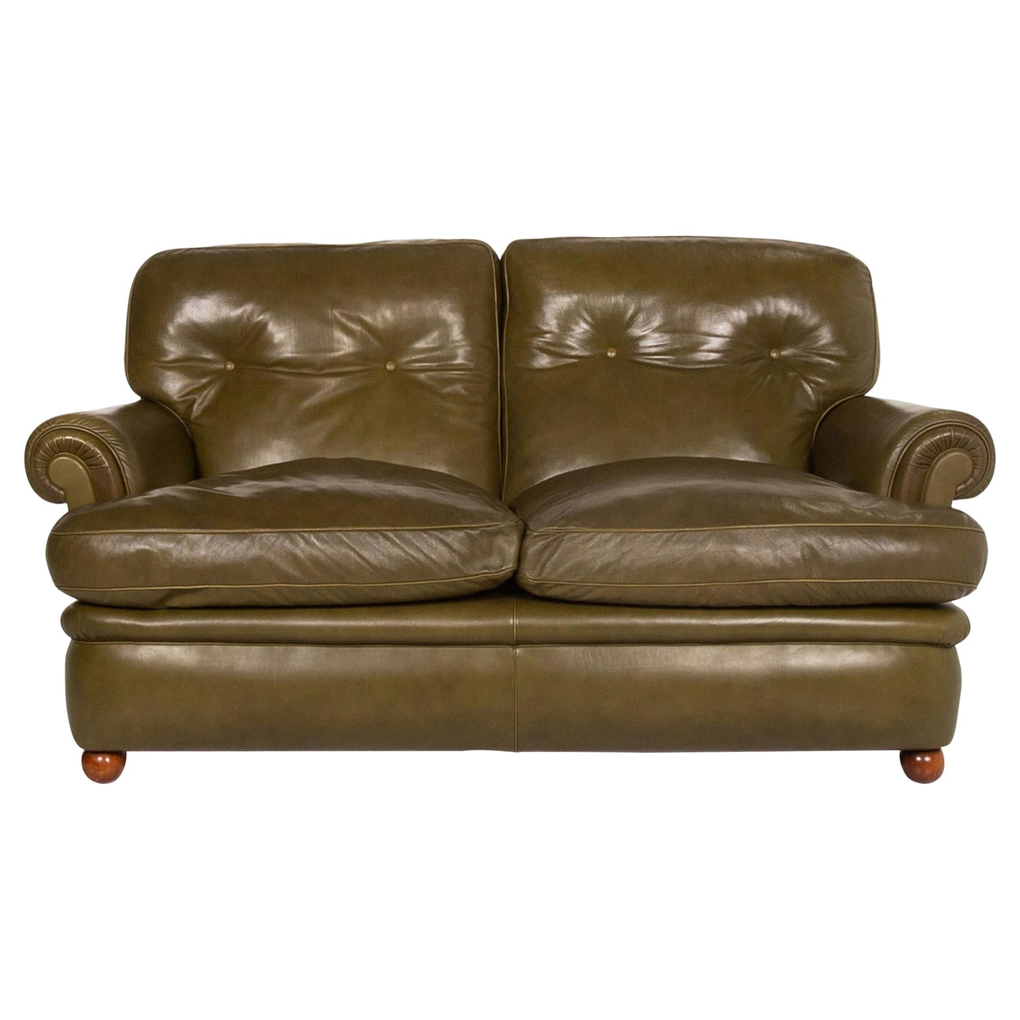 Poltrona Frau Leather Sofa Green Olive Green Two-Seat Couch Retro For Sale