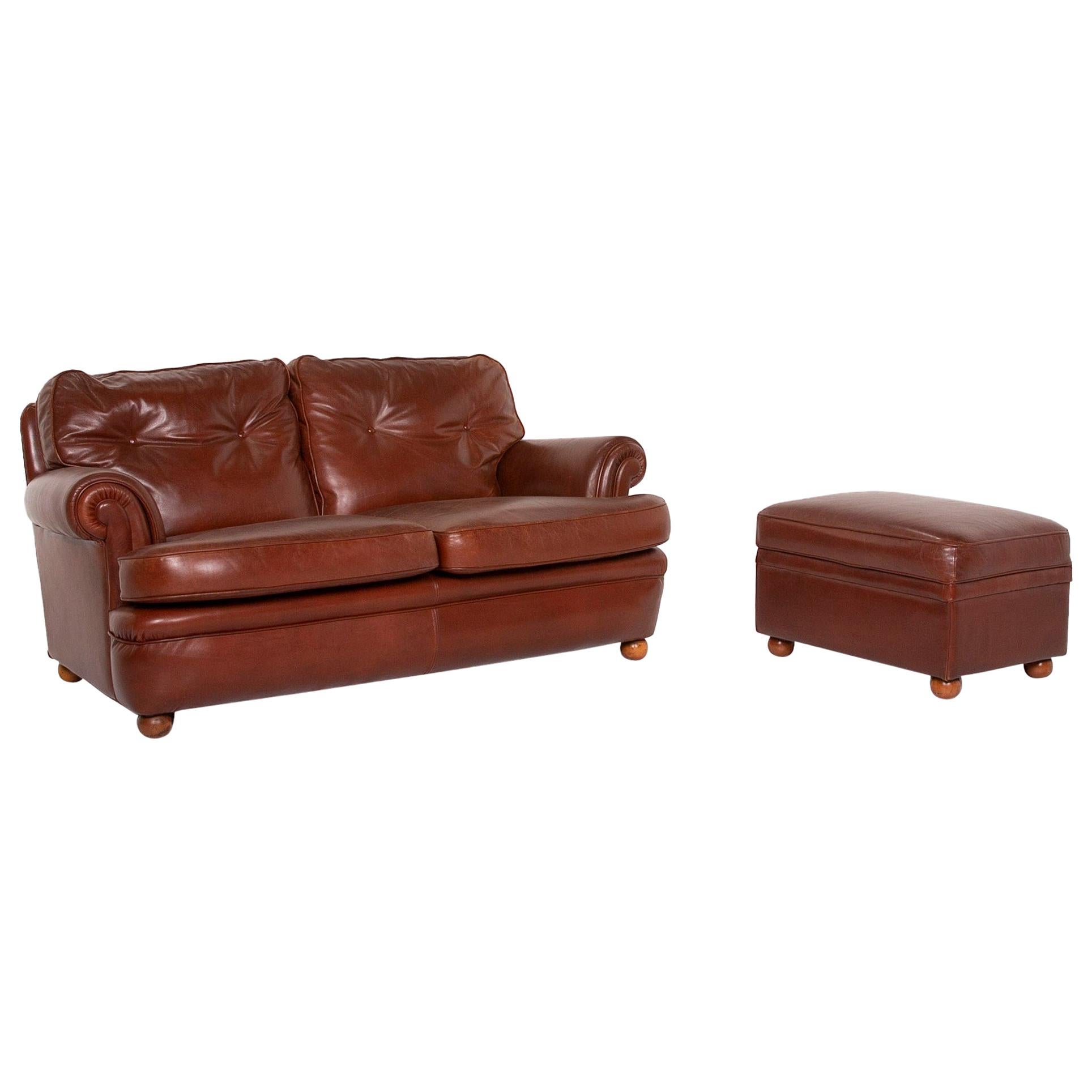 Poltrona Frau Leather Sofa Set Cognac Two-Seat Stool For Sale