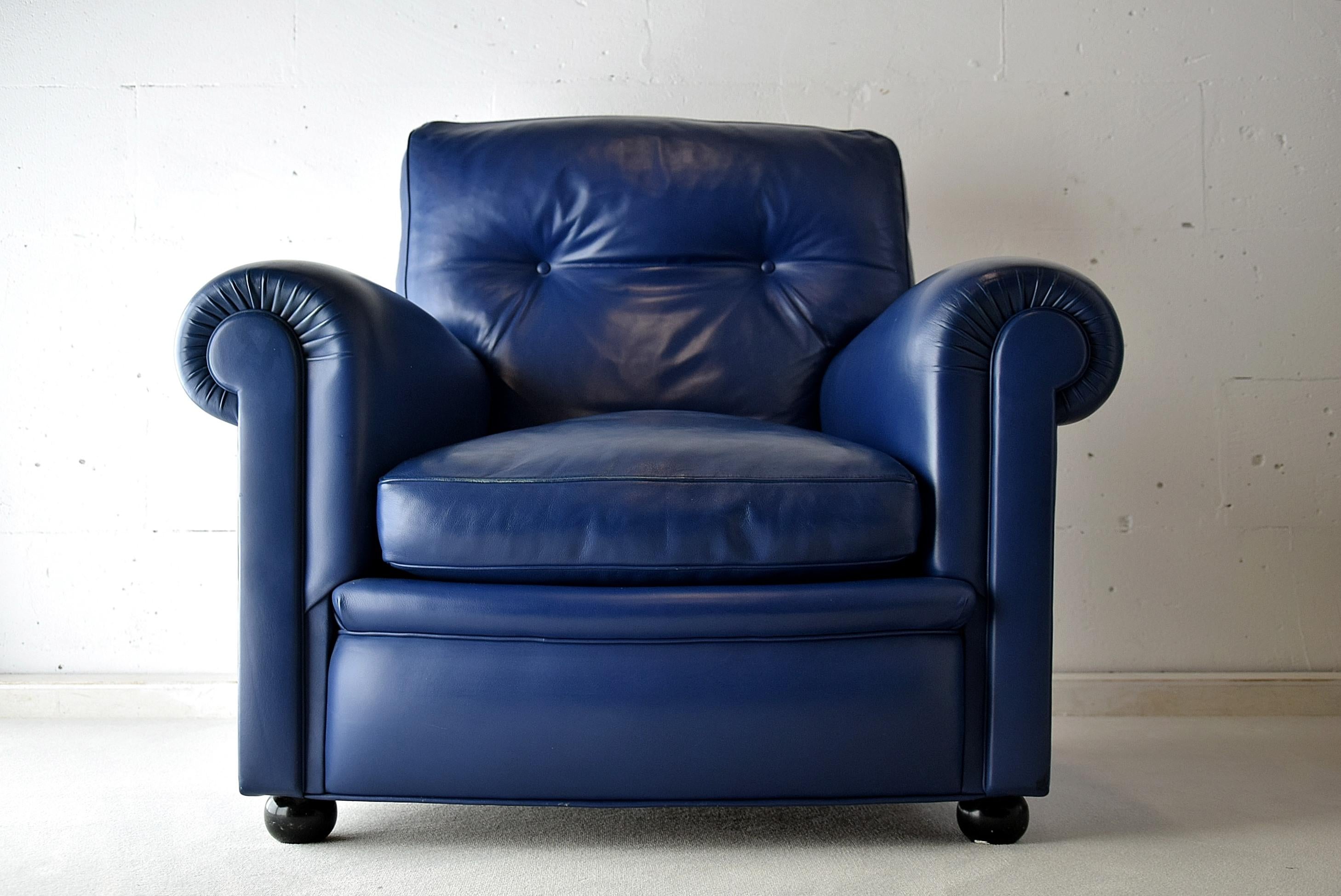 Modern Poltrona Frau Midnight Blue Leather Edoardo Armchair