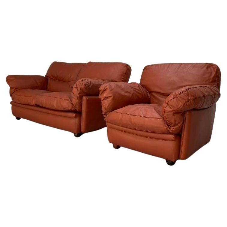 Poltrona Frau "Poppy" 2-Seat Sofa & Armchair - In Buffalo Leather For Sale