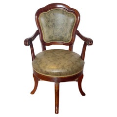 Sillón giratorio clásico de madera maciza y piel sintética verde - Estilo elegante