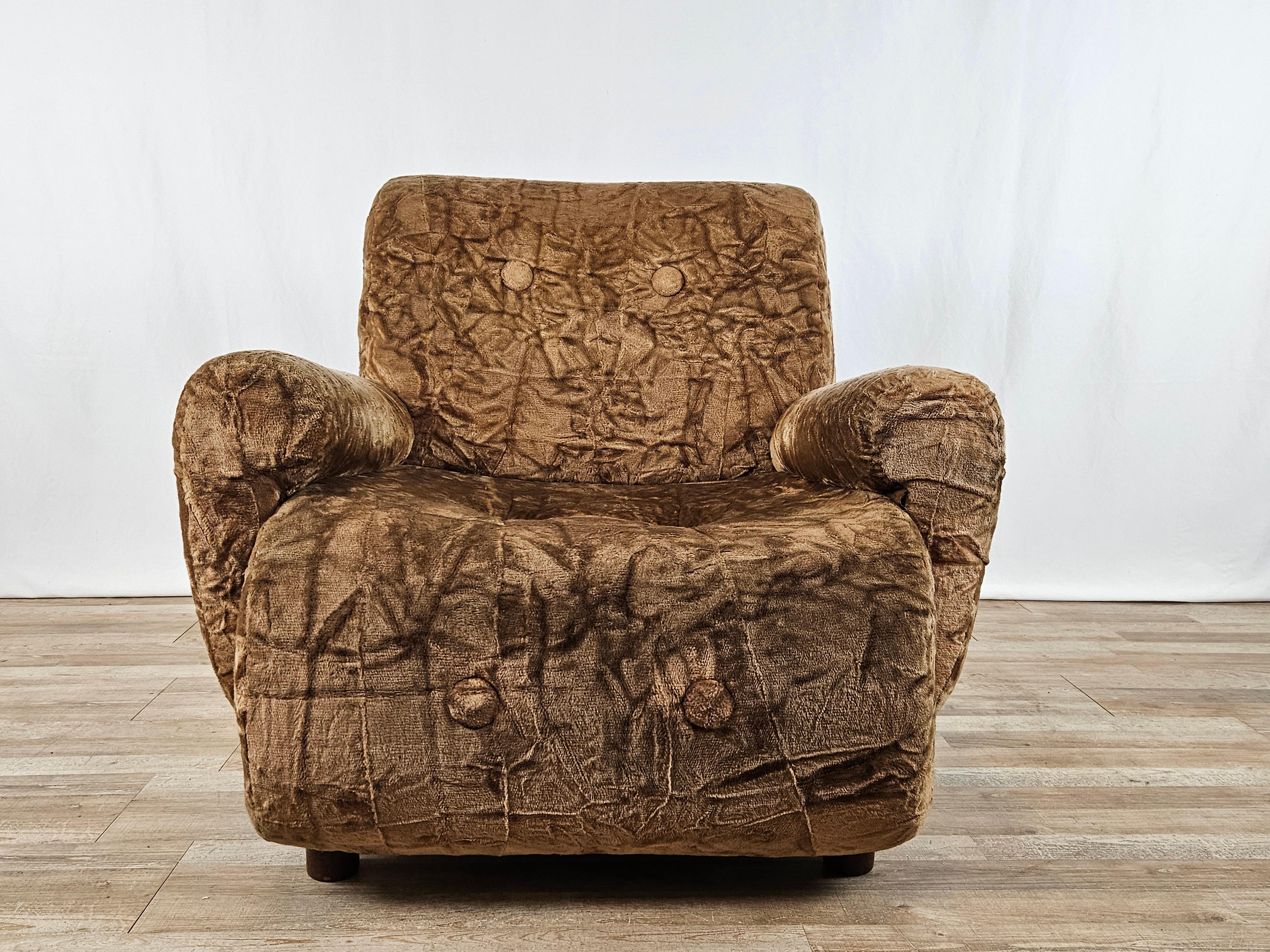 Mid-Century Modern Upholstered chenille armchair, 1970s For Sale