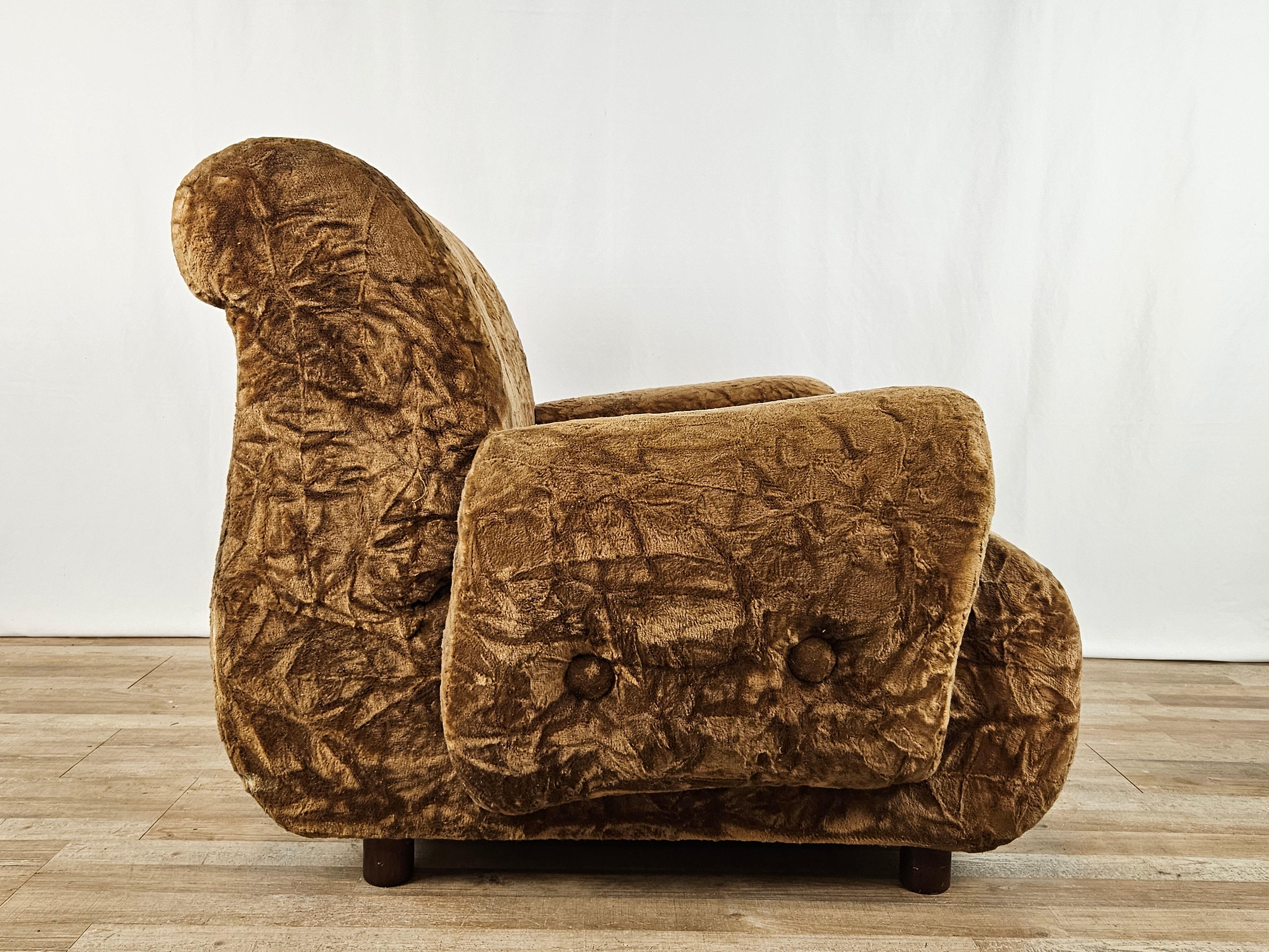 Italian Upholstered chenille armchair, 1970s For Sale
