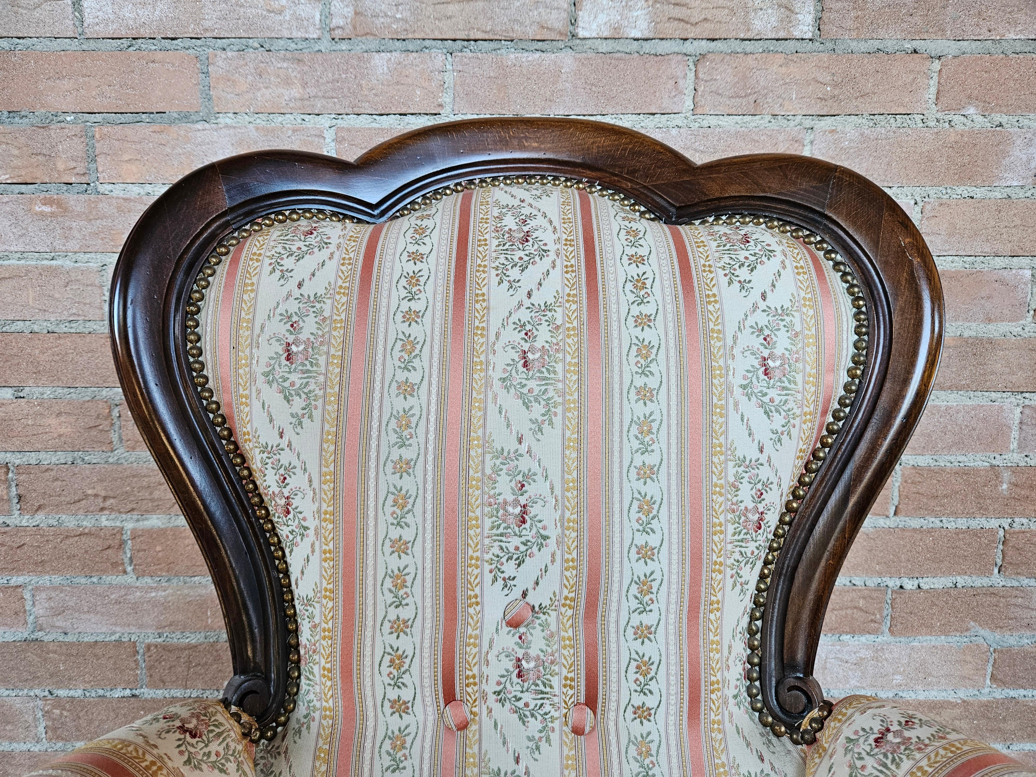 Fabric Louis Philippe style upholstered armchair from 1980s For Sale