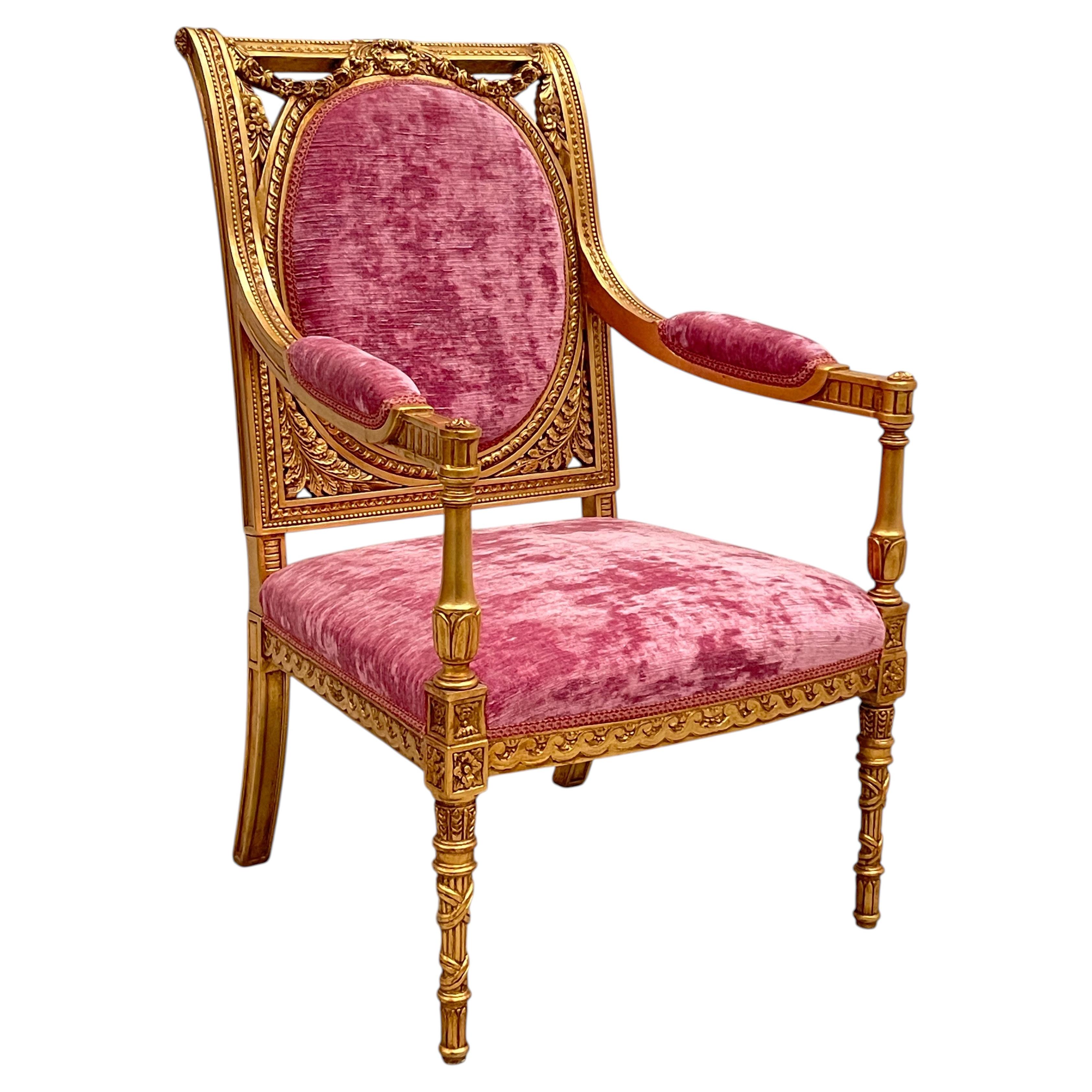 Poltrona Imperiale Luigi XVI in Legno Dorato e Velluto , anni '60 in vendita
