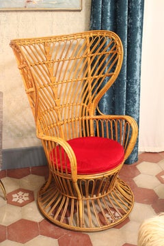 Fauteuil italien en bambou des années 1950 Lio Carminati coussin en velours rouge