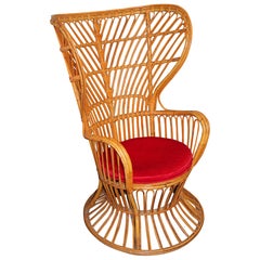 Sillón italiano de bambú años 50 Lio Carminati cojín de terciopelo rojo