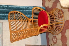 Italian bamboo armchair from 1950s Lio Carminati red velvet cushion