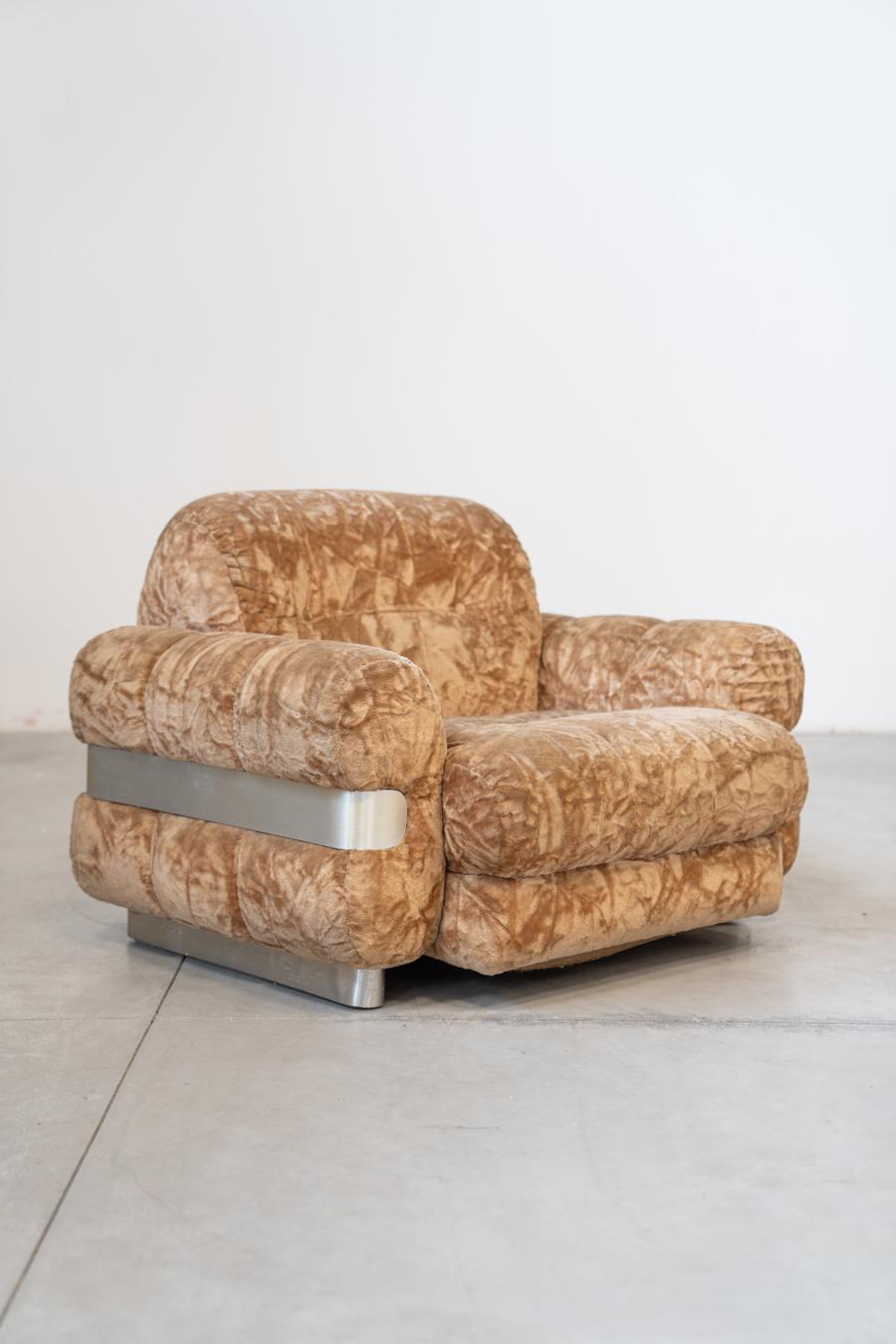 Italian Piazzesi Style Chenille Armchair with Brushed Aluminum Trim, 1970s For Sale