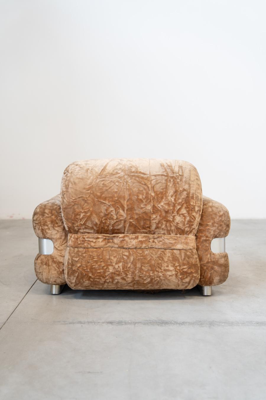 Piazzesi Style Chenille Armchair with Brushed Aluminum Trim, 1970s In Good Condition For Sale In Manzano, IT