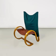 Nordic modern curved solid wood, green and brown velvet armchair by Danber, 1970
