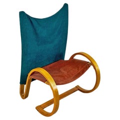 Nordic modern curved solid wood, green and brown velvet armchair by Danber, 1970