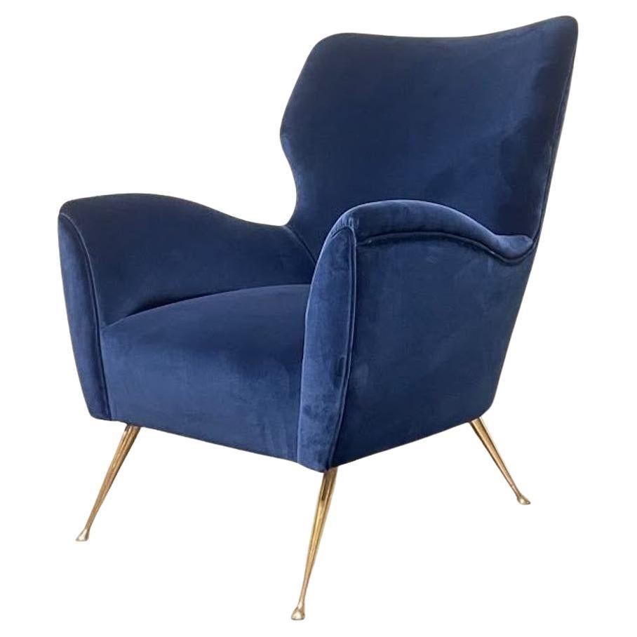Blauer Samt-Sessel aus den 1950er Jahren