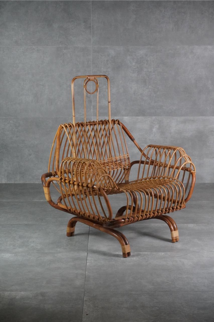Mid-20th Century Poltrona in vimini con poggiatesta regolabile, 1960s in vendita