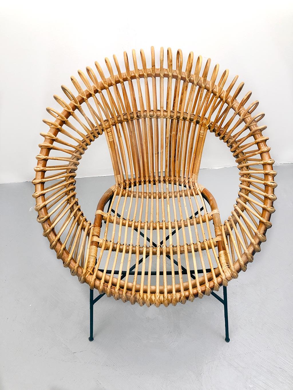 Bamboo Italian wicker armchair from the 1960s For Sale