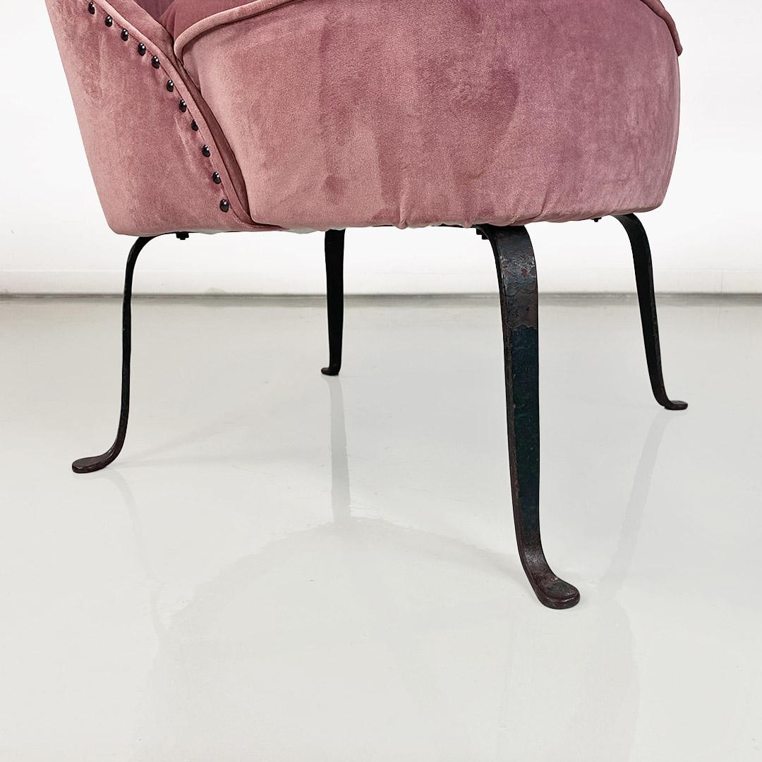  Italian upholstered armchair, pink velvet and curved metal, 1950s For Sale 6