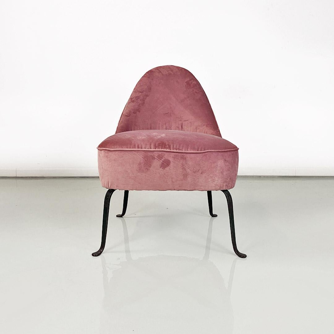 Mid-Century Modern  Italian upholstered armchair, pink velvet and curved metal, 1950s For Sale