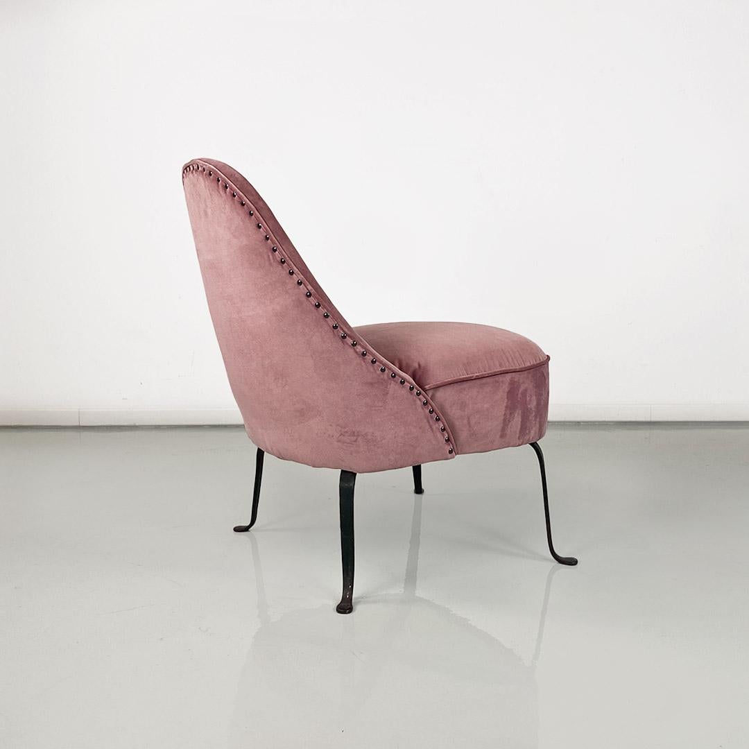 Mid-20th Century  Italian upholstered armchair, pink velvet and curved metal, 1950s For Sale