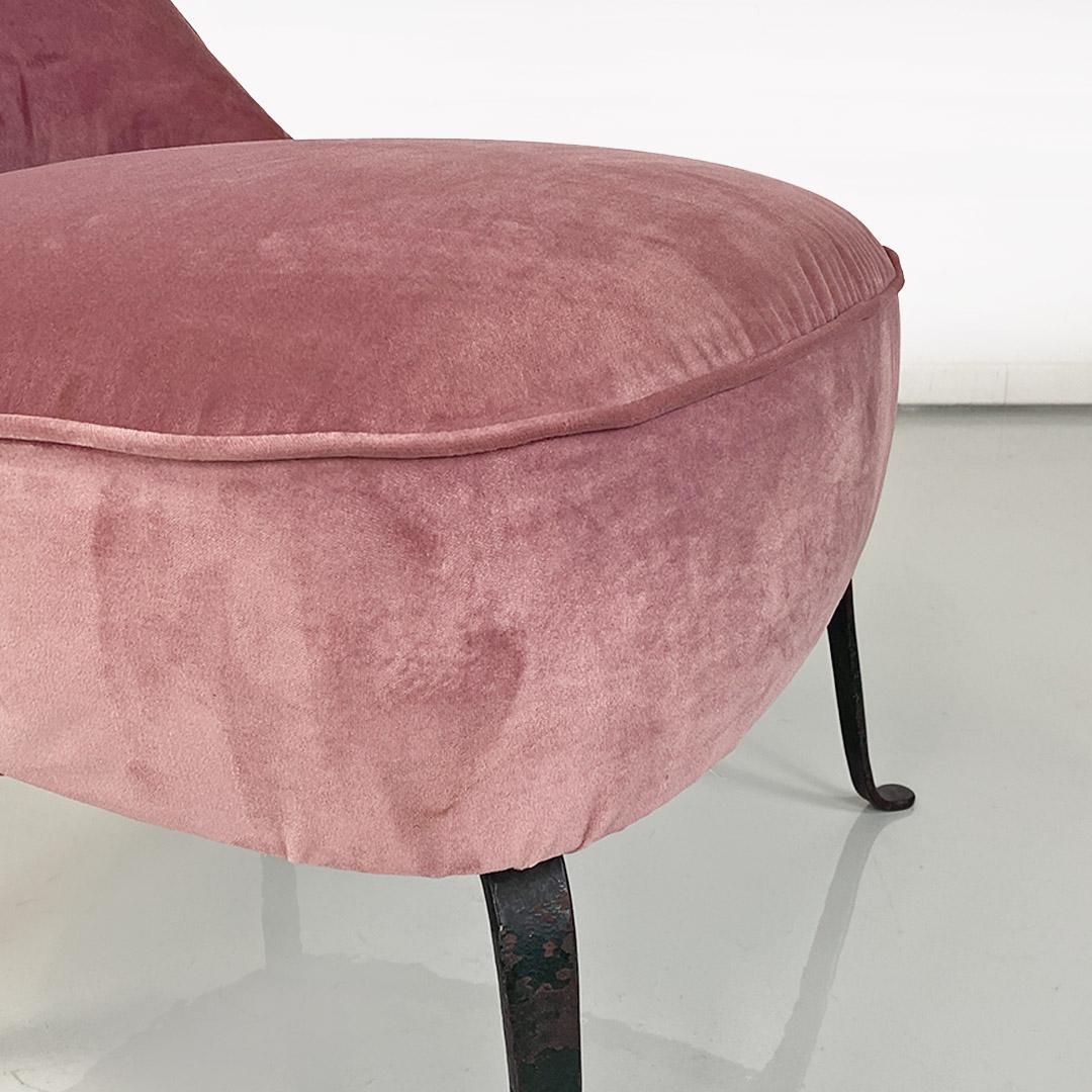 Metal  Italian upholstered armchair, pink velvet and curved metal, 1950s For Sale