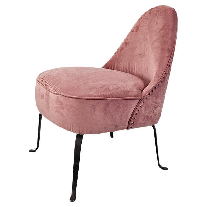  Italian upholstered armchair, pink velvet and curved metal, 1950s For Sale