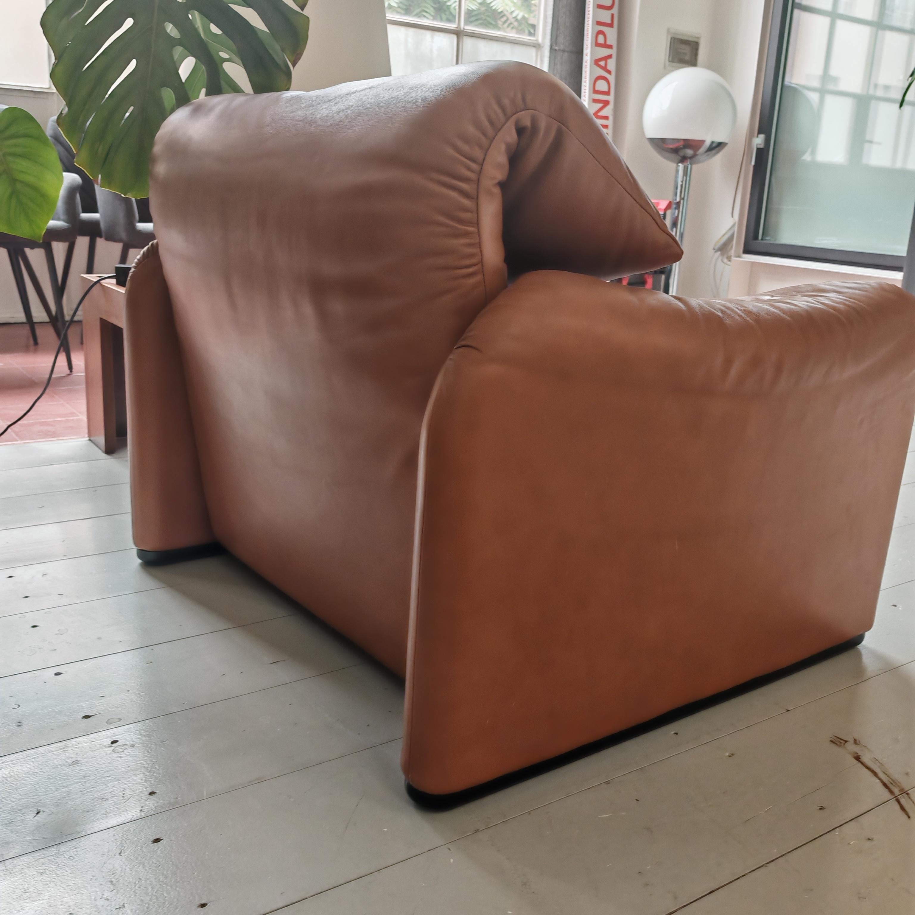 Leather maralunga armchair by Vico Magistretti for Cassina in cognac leather