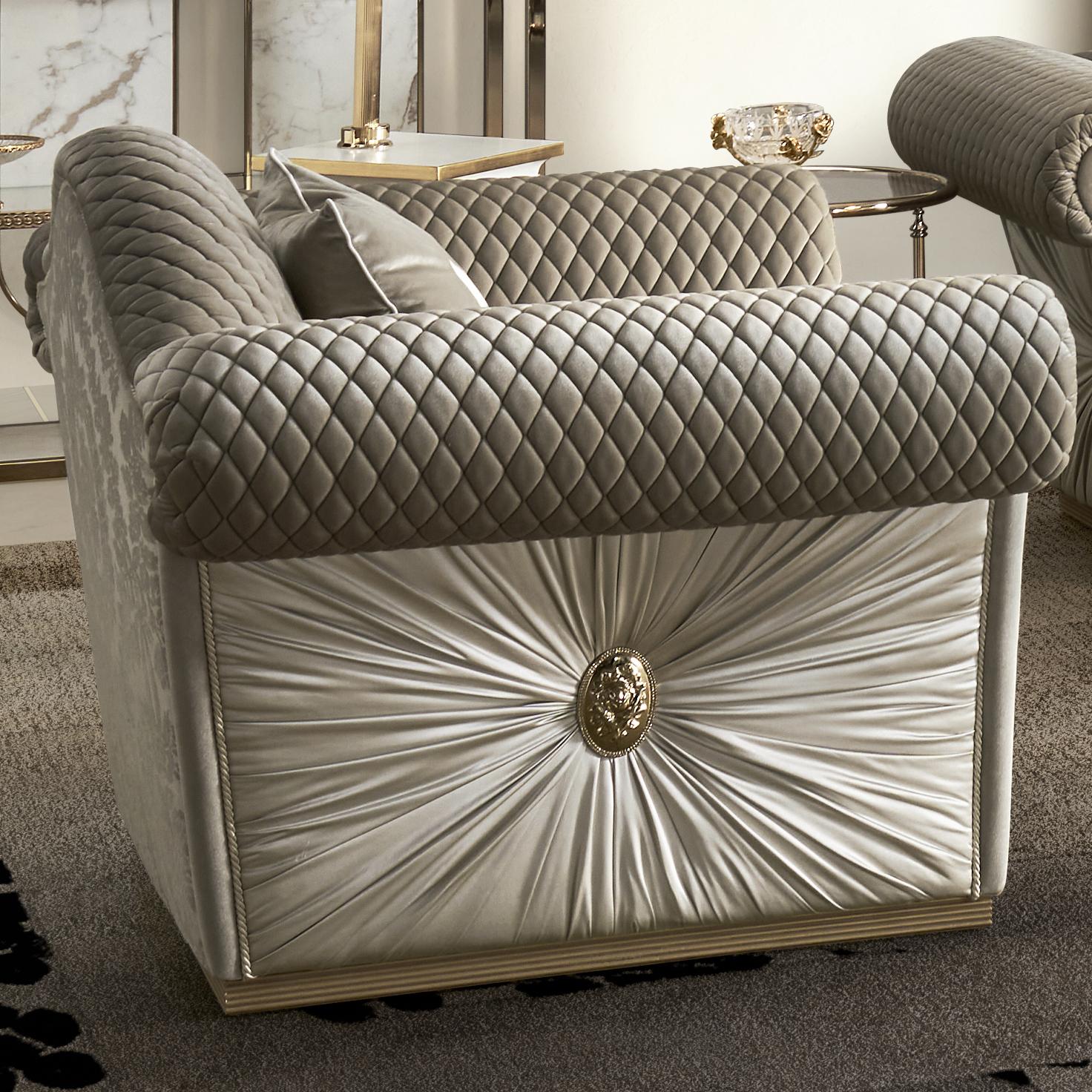 Carved Luxury classic neo armchair with quilted fabric and decoration Mod.EL071 For Sale