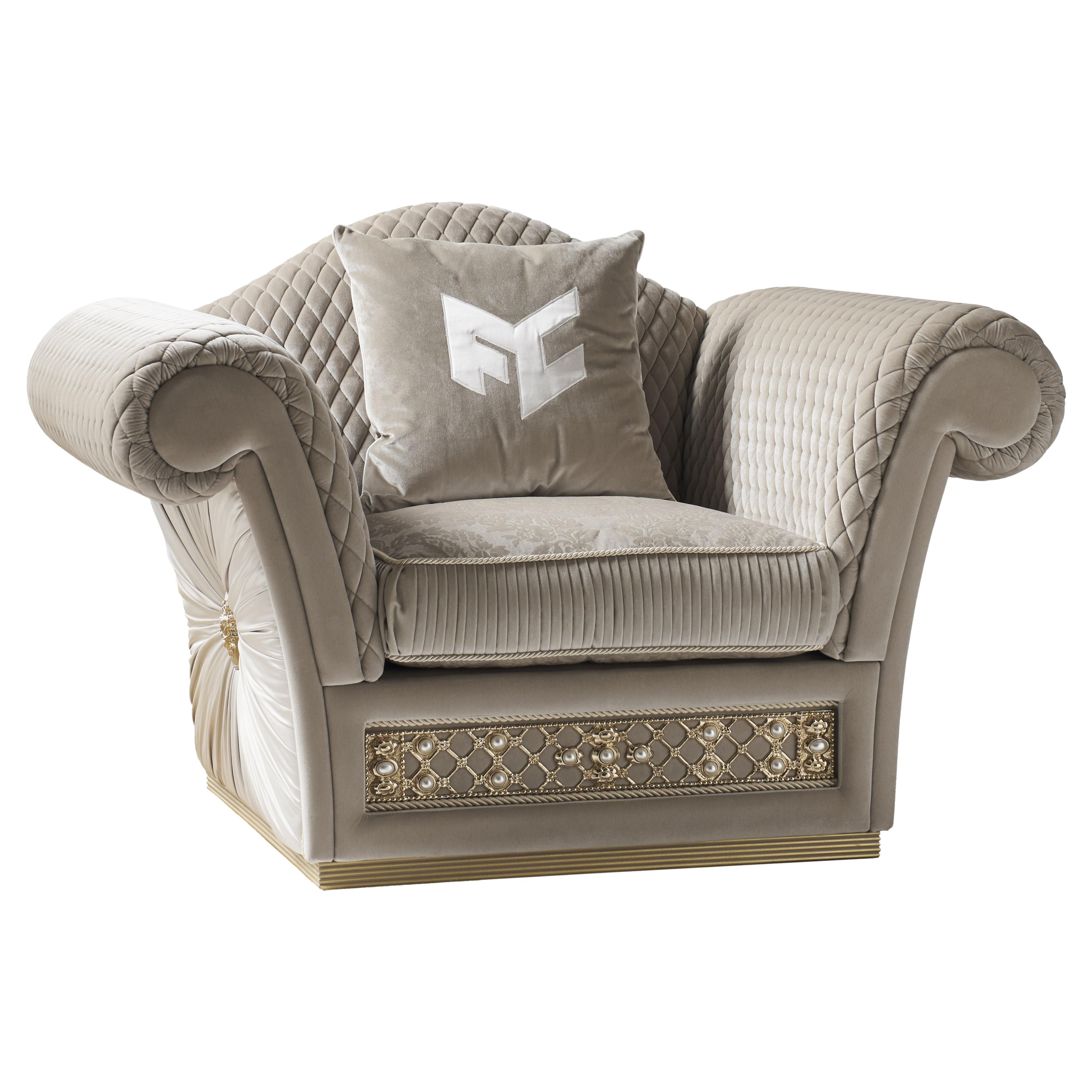 Luxury classic neo armchair with quilted fabric and decoration Mod.EL071 For Sale