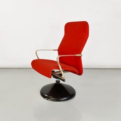 Norwegian modern metal, wood and red fabric adjustable armchair, 1980s