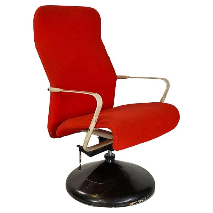Norwegian modern metal, wood and red fabric adjustable armchair, 1980s