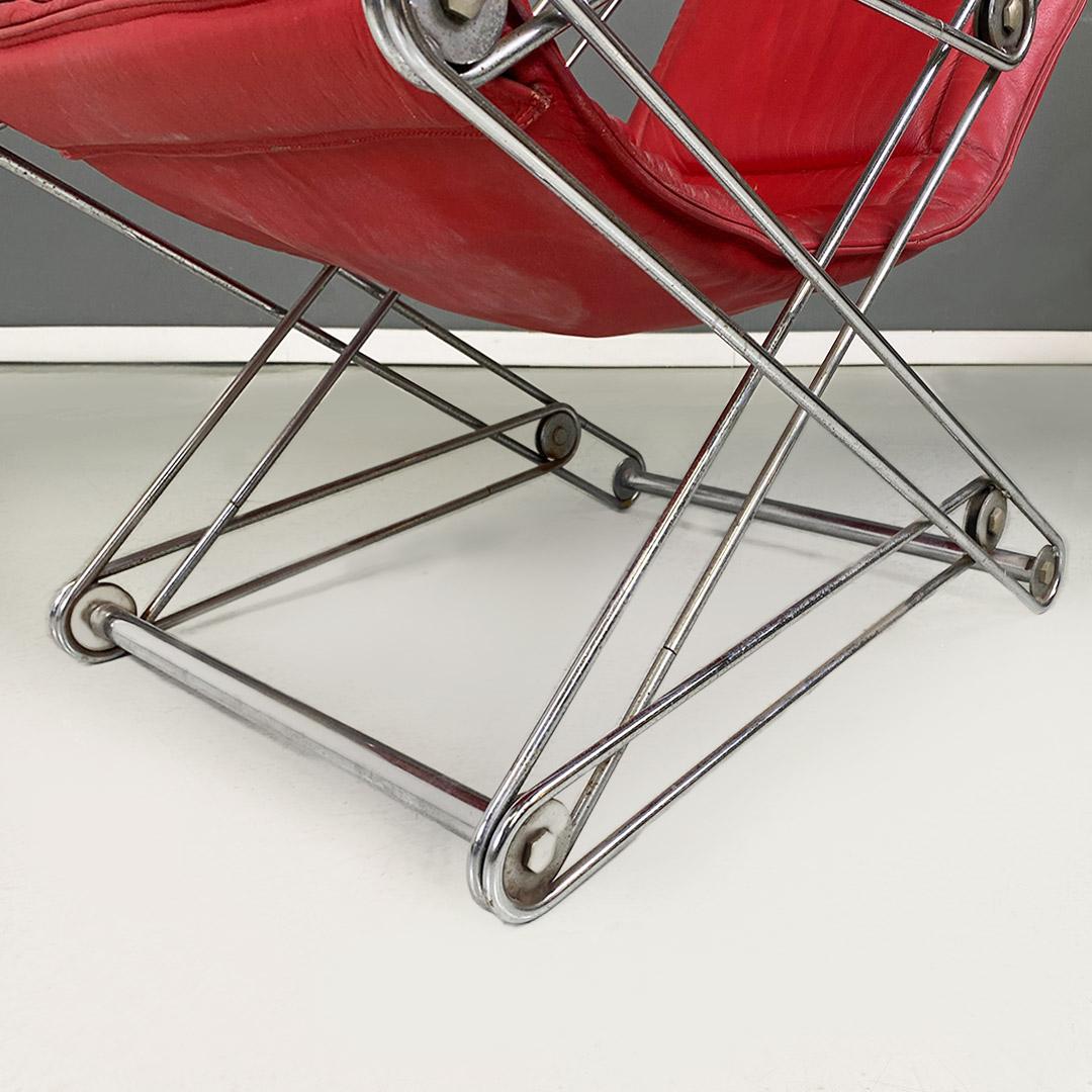 Italian modern chromed steel and red leather adjustable folding armchair, 1970s For Sale 5