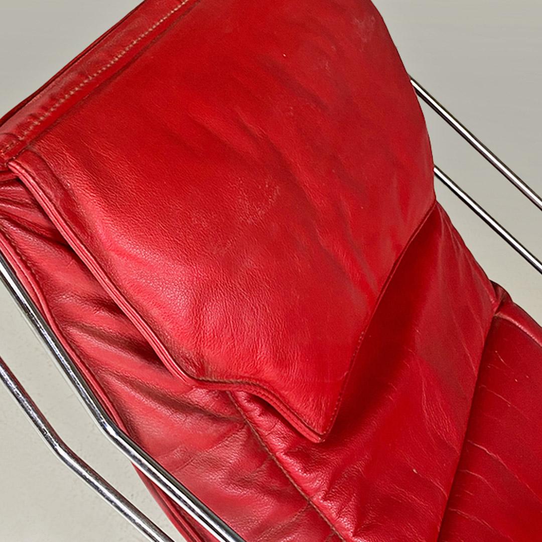 Steel Italian modern chromed steel and red leather adjustable folding armchair, 1970s For Sale