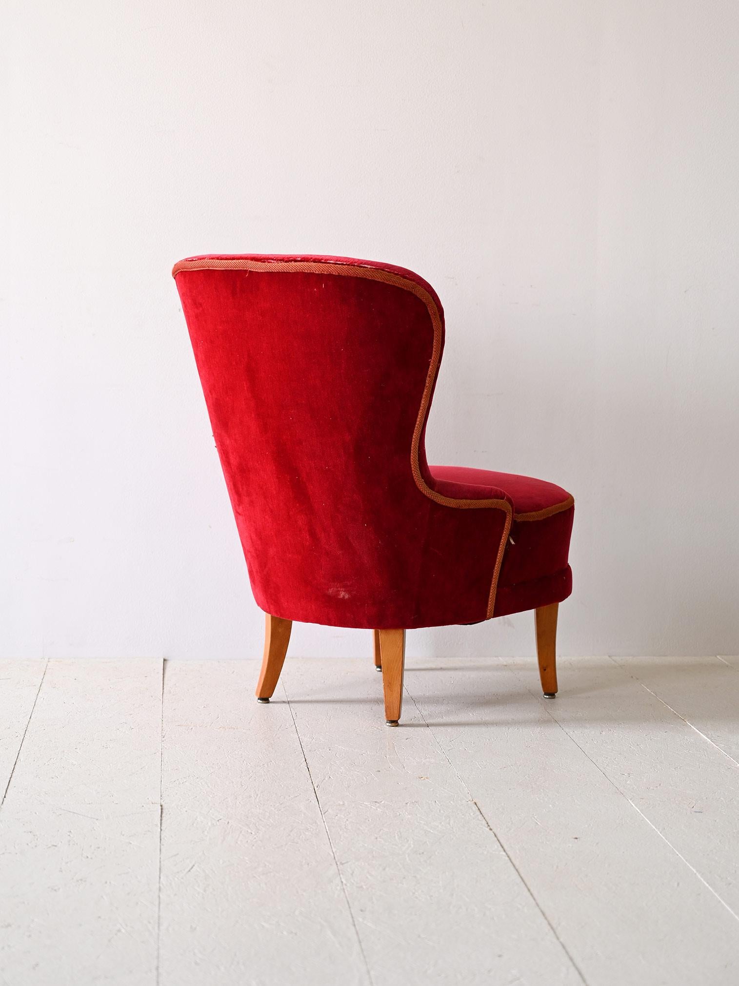 Scandinavian Modern Red velvet armchair For Sale