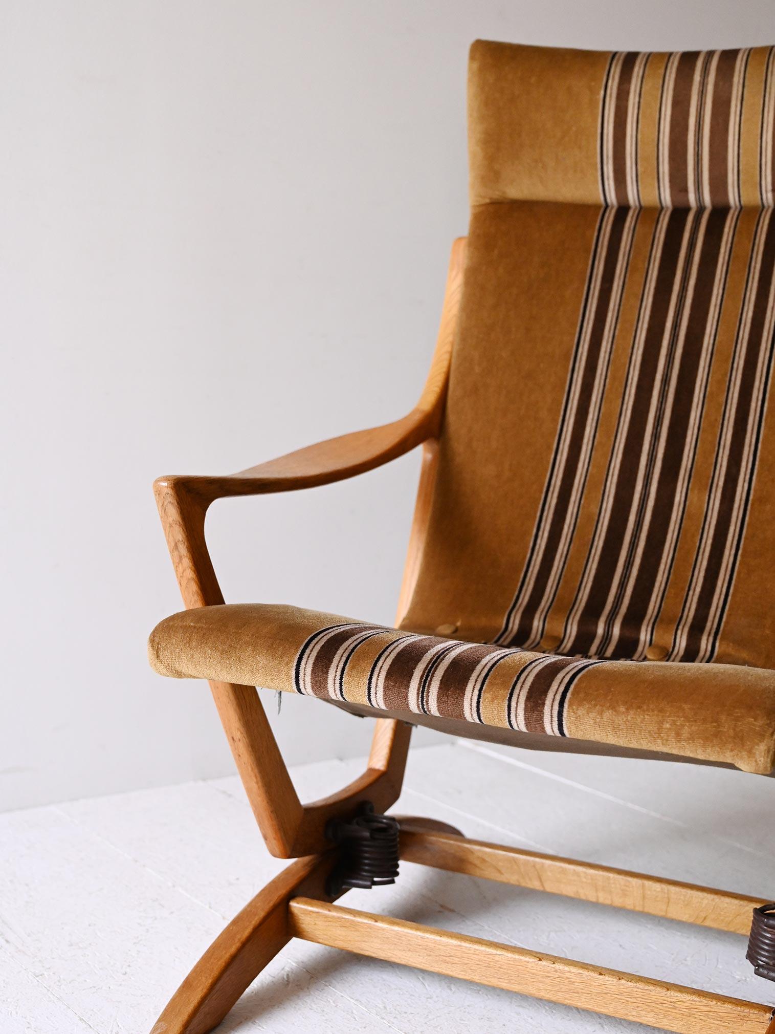 Fabric Original 1960s Scandinavian oak armchair with high backrest For Sale