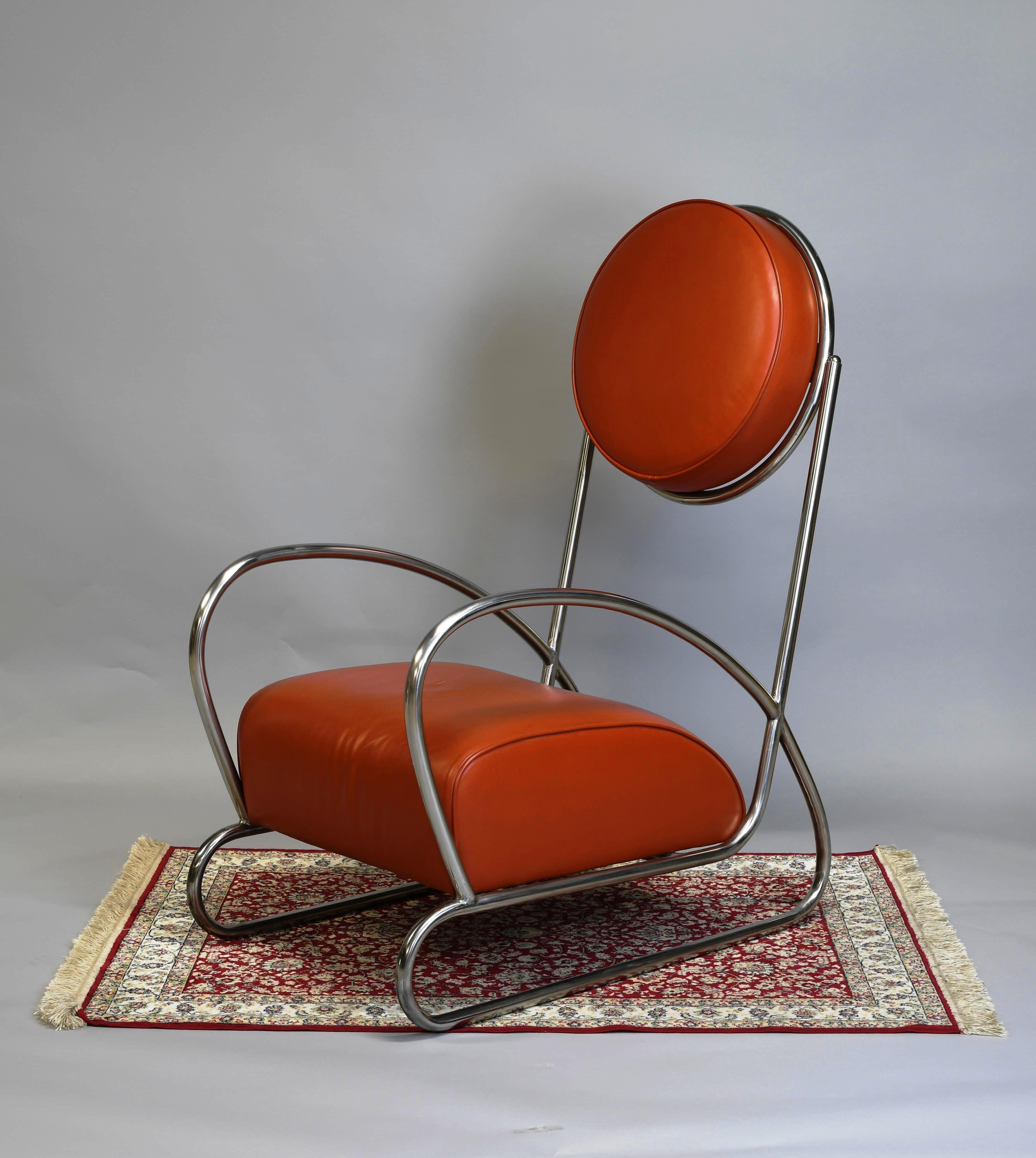 chrome-plated tubular armchair 1990s. in the art deco style by Hayek Gottwald. produced in the 1990s. chrome-plated metal tubing. skai upholstery.