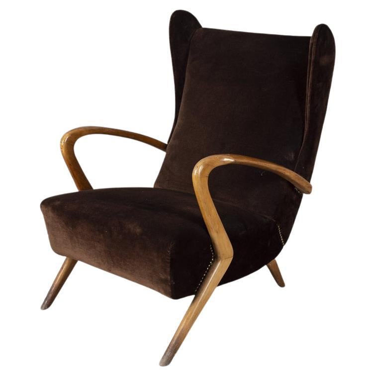 Fauteuil vintage des années 1950 en bois et velours design Paolo Buffa en vente