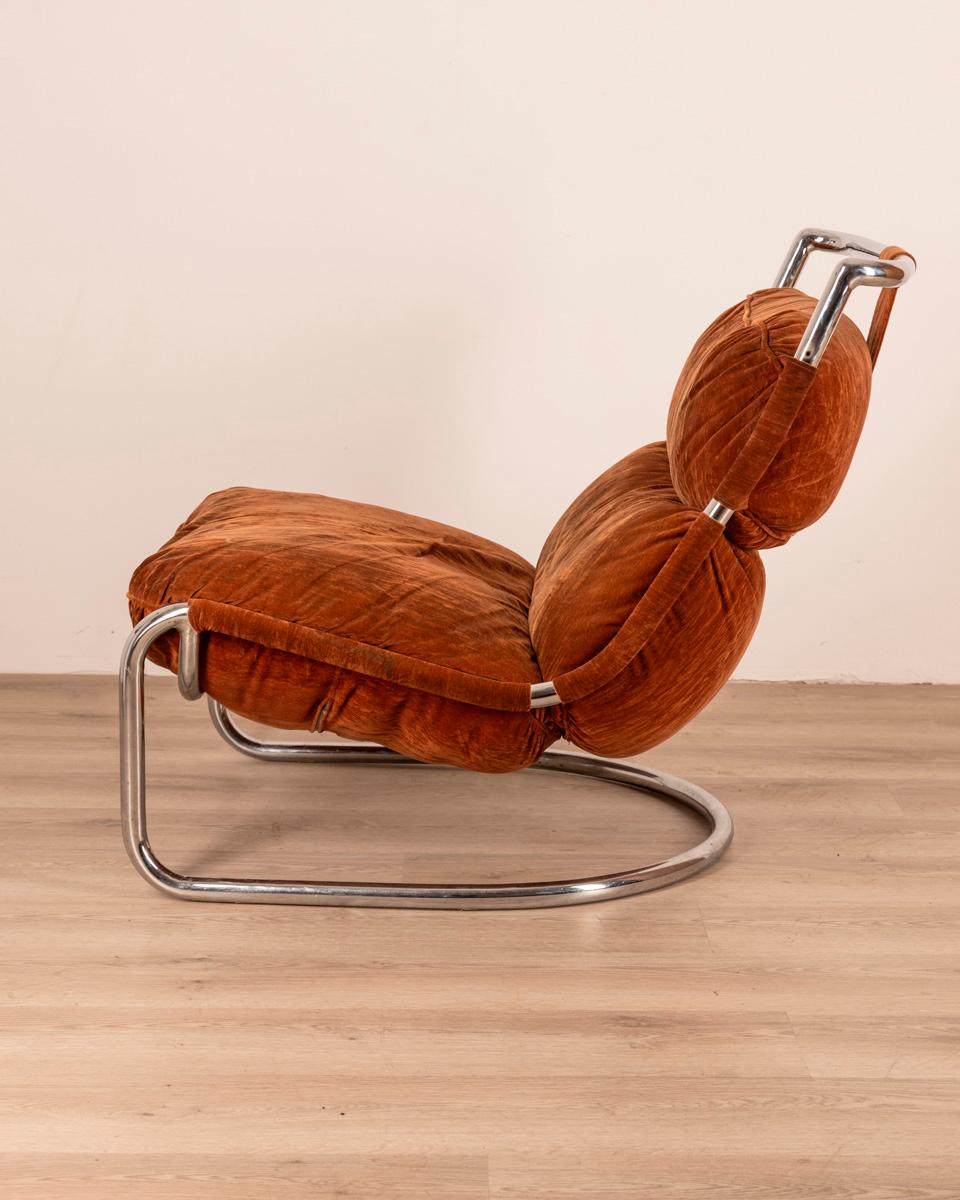 Italian Fauteuil vintage des années 70 en acier et velours design italien